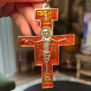 VTG Handcrafted Orange Guilloche Enamel Pewter Cross Made in Italy Large Pendant
